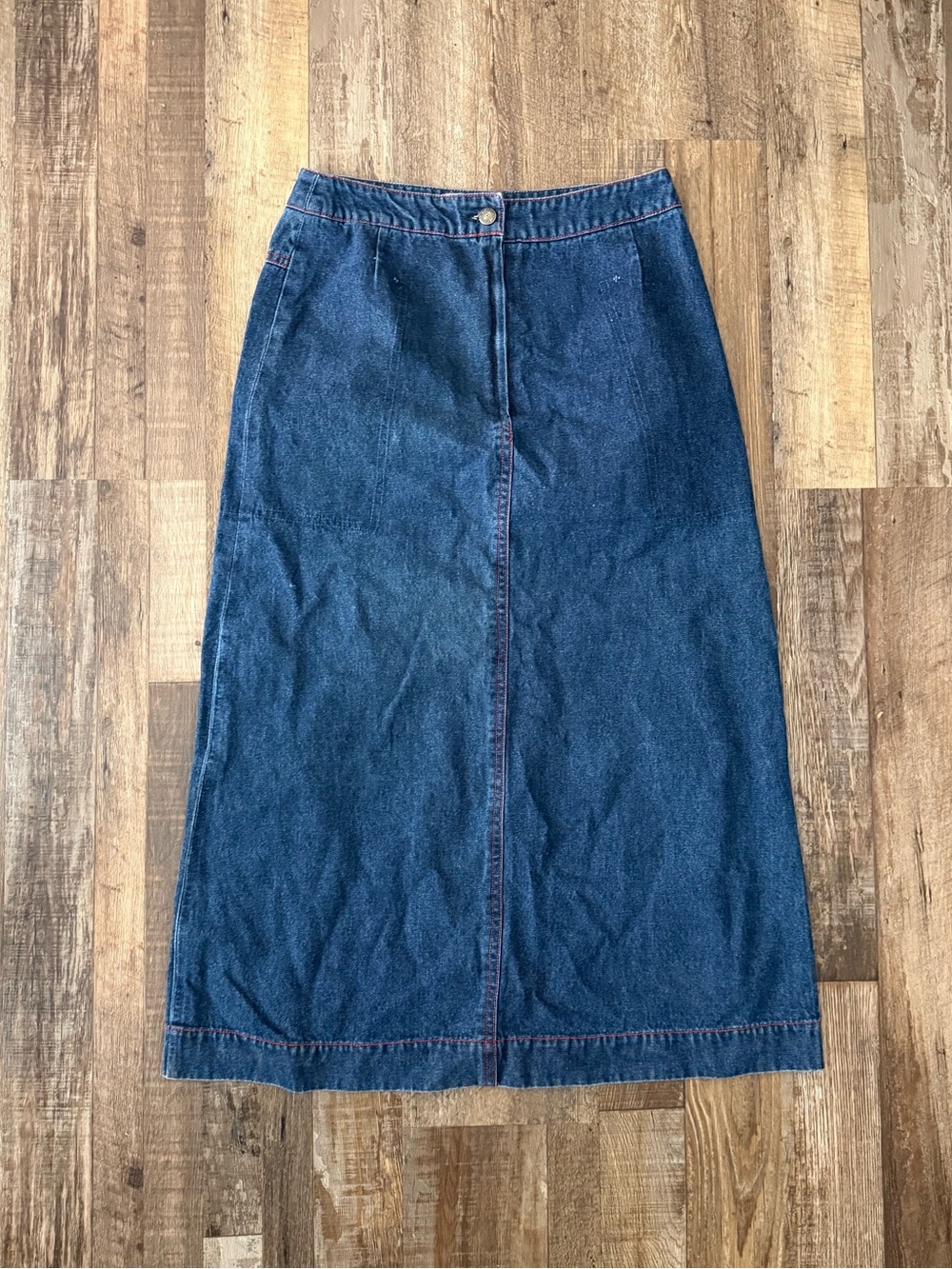 vintage Classic Dark Blue Denim Midi Skirt red stitching